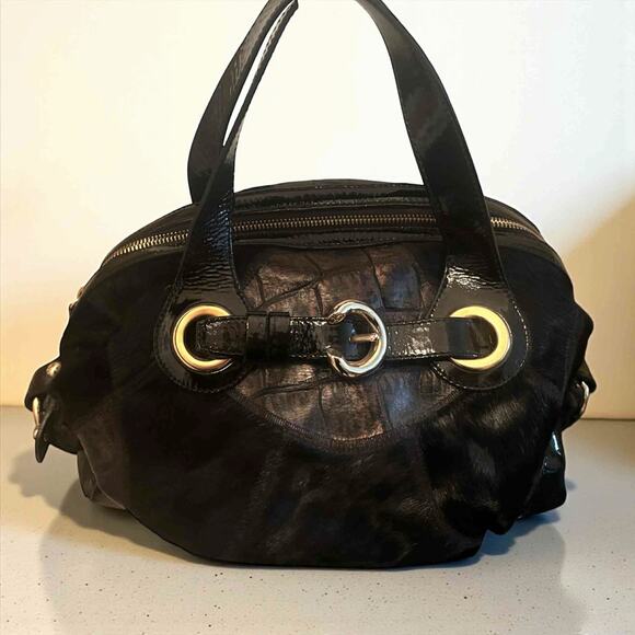 Francesco Biasia Large Black Leather & Calf Hair Satchel Doctor Bag Gold Ring - Picture 1 of 6